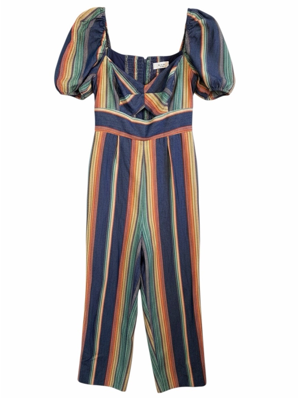 Anthropologie ALI & JAY Navy Multicolor Striped Puff-Sleeve Jumpsuit